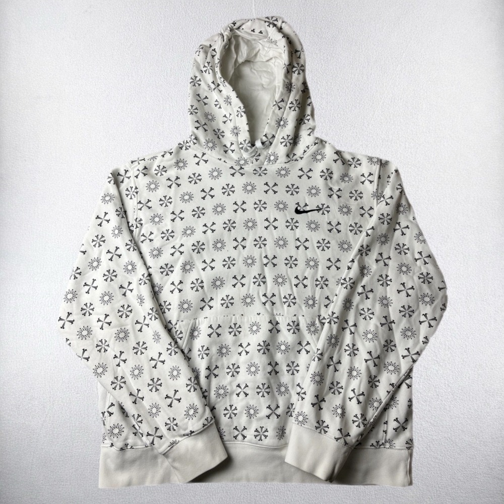 Nike Hoodie Mens Large White All Over Swoosh Cross Bones Pullover Sweatshirt